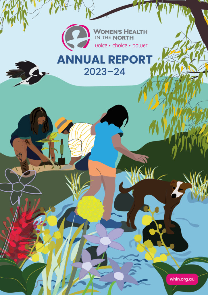 Cover of the 23-24 Annual Report. Graphic Illustration of people gardening and playing